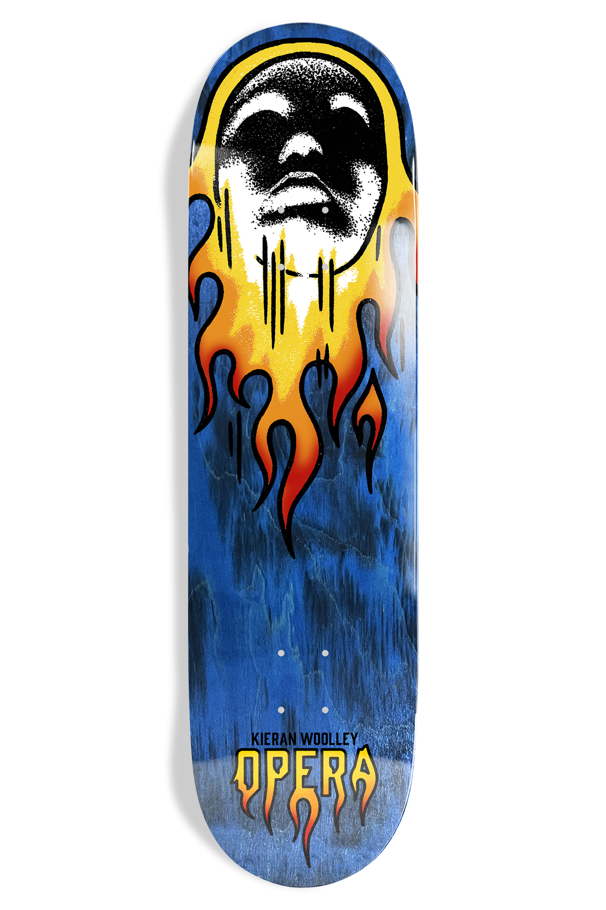 Opera Kieran Woolley Flame EX7 Deck Blue Bleed skateboard deck – front graphic